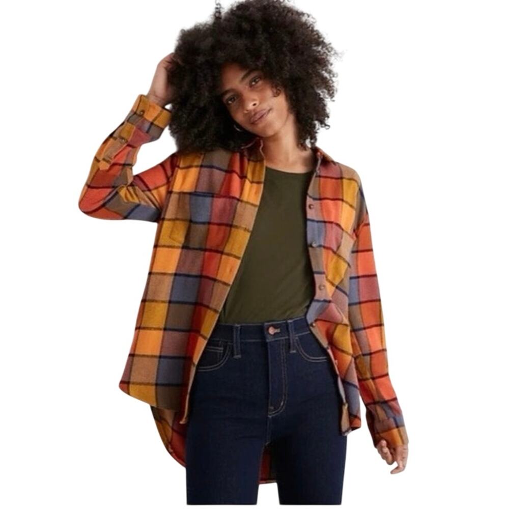 Madewell Flannel Sunday Shirt in Emmy Plaid Size Small Orange Fall Distressed